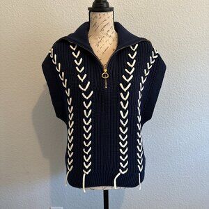 Scotch and Soda Lace Detail Half Zip Collared Sleeveless Vest Navy Size S